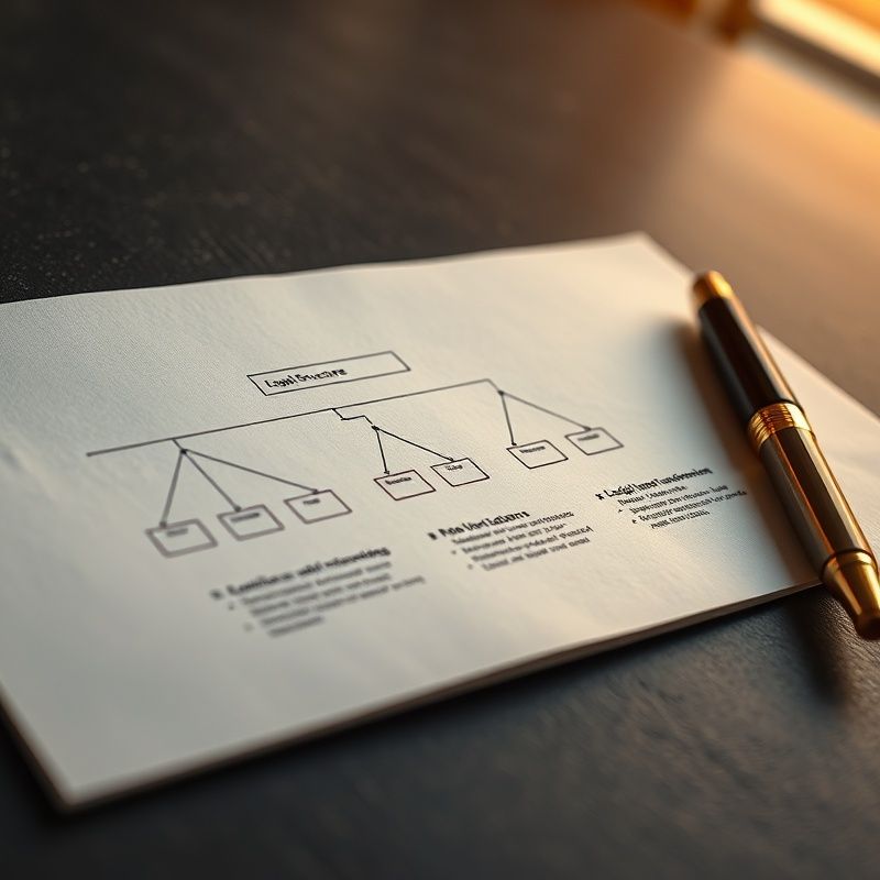 Diagram struktury prawnej i pióro ze złotym wykończeniem na grafitowym tle